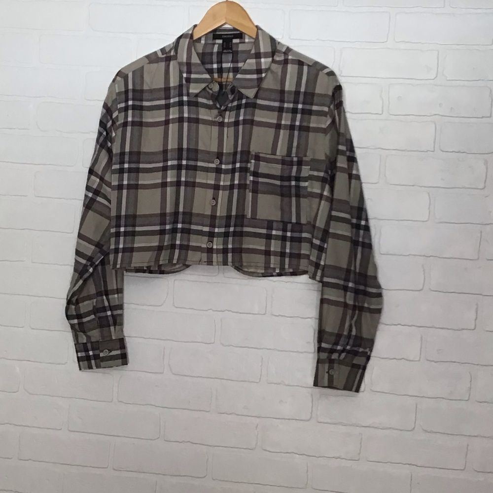 2/40$ FLANNEL plaid checkers Forever 21 oversize Crop blouse plaid beige neutral - Picture 10 of 10